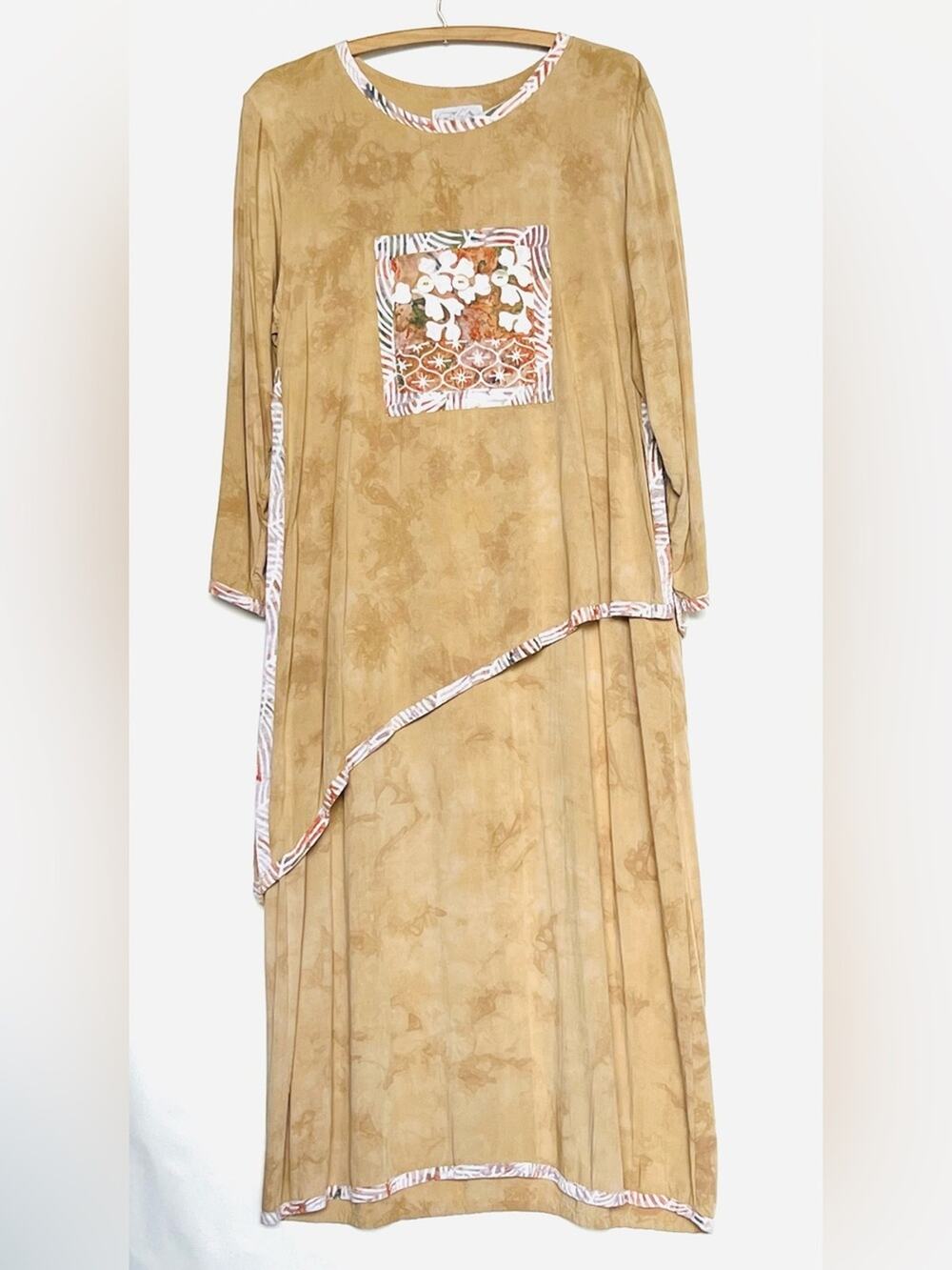 Vintage 90s Beige Tie Dye Tunic Dress Medium Boutique Cotton Floral Patch Batik